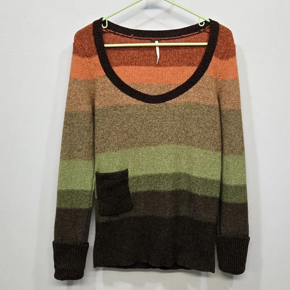 Free People Wool Sweater Small Earth Tone Stripe Scoop Neck Slouchy Pocket‎ Boho